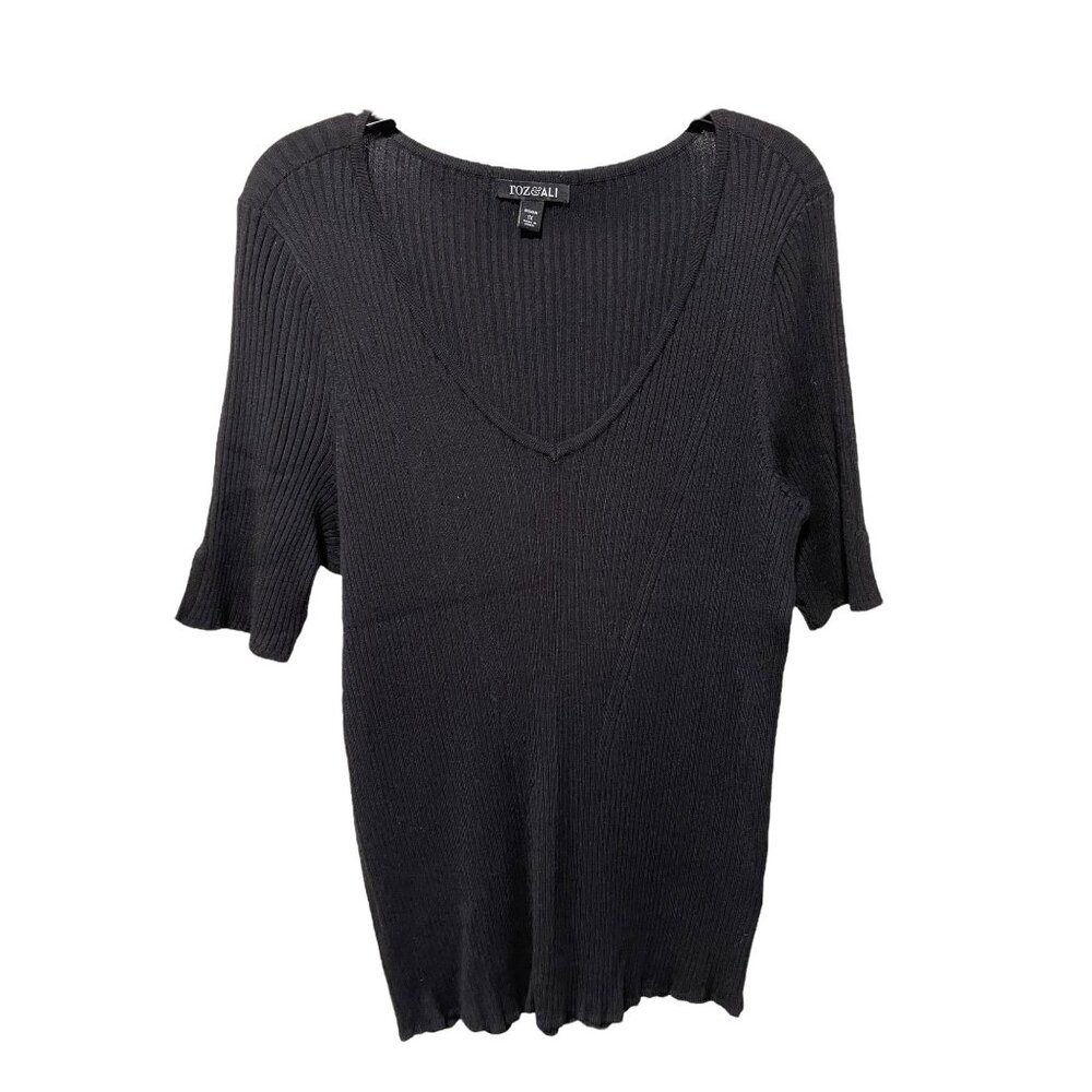 Roz & Ali Black Ribbed Style V Neck Short sleeve
